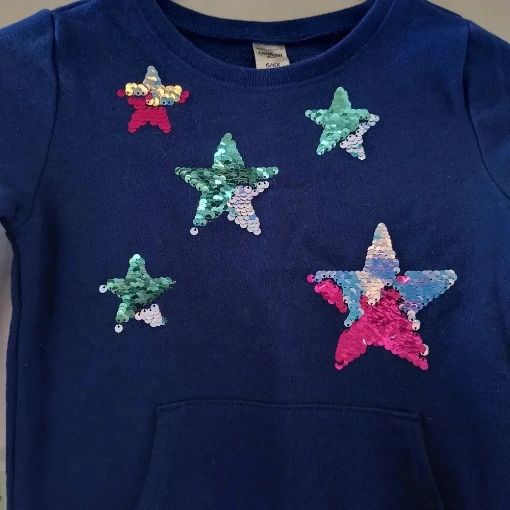 Blue long sleeve sweatshirt with red pink green sequin stars girls size 6